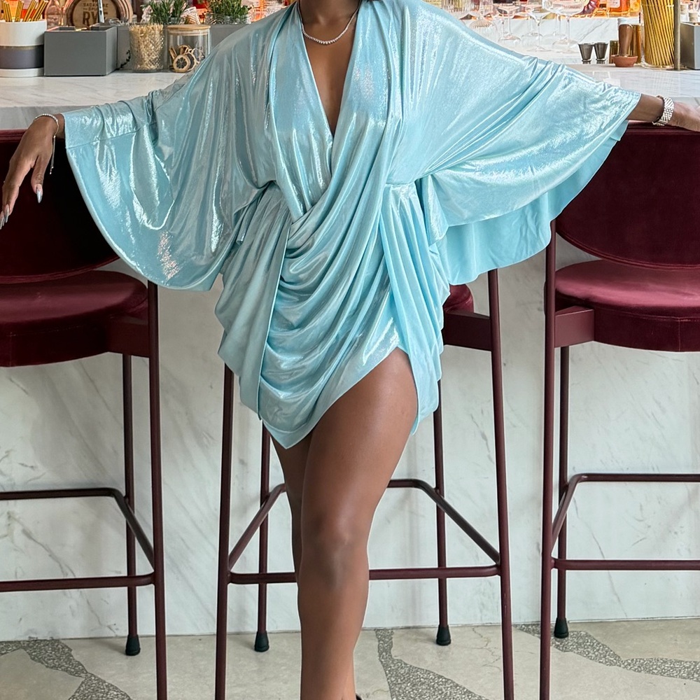 Draped Light Blue Satin-Effect Wrap Robe